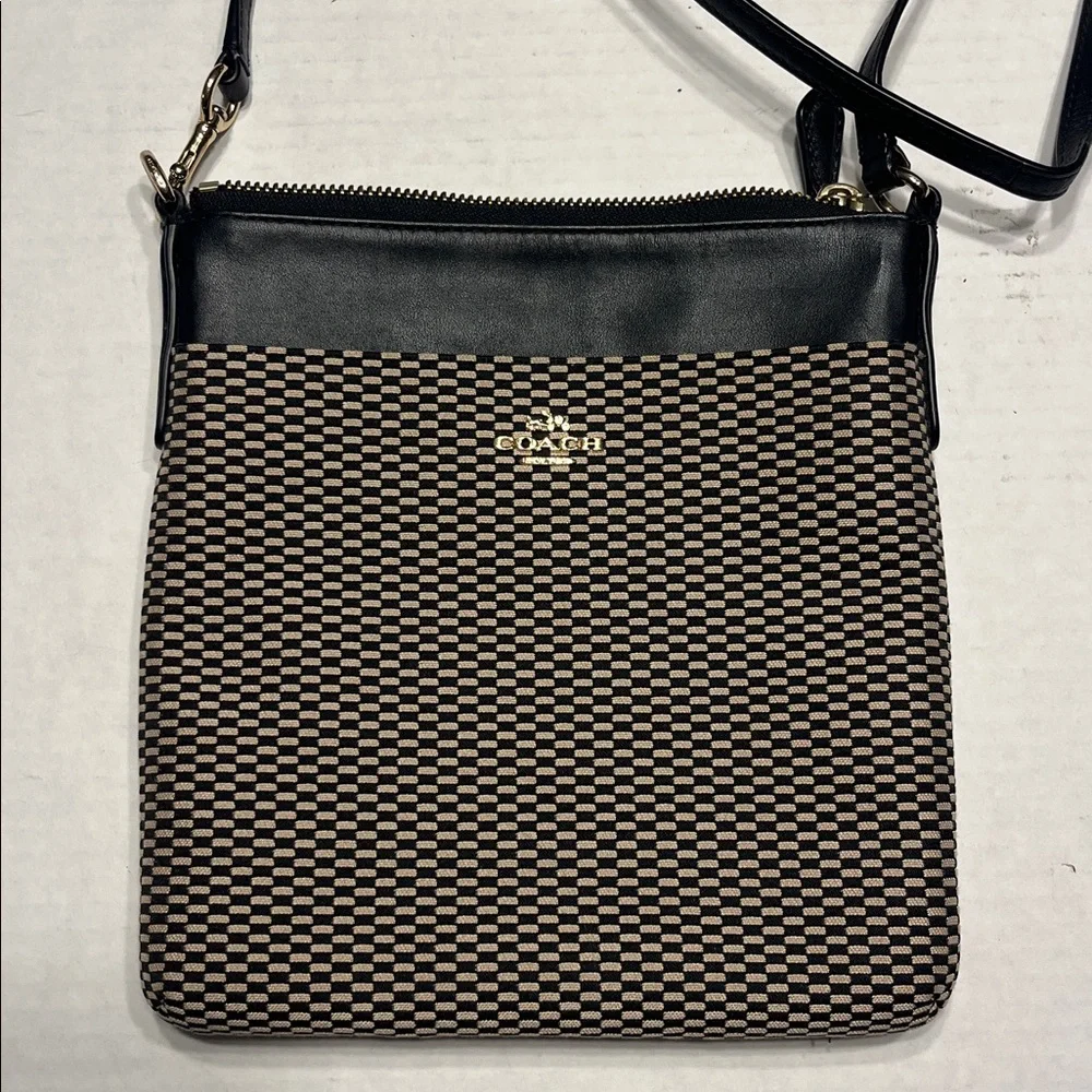 Coach Kitt Black Tan Crossbody Bag Purse jacquard